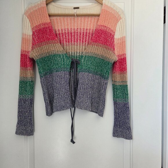 Free People Trouble Maker Colorful Rainbow Striped Cardigan Size M - Picture 2 of 12